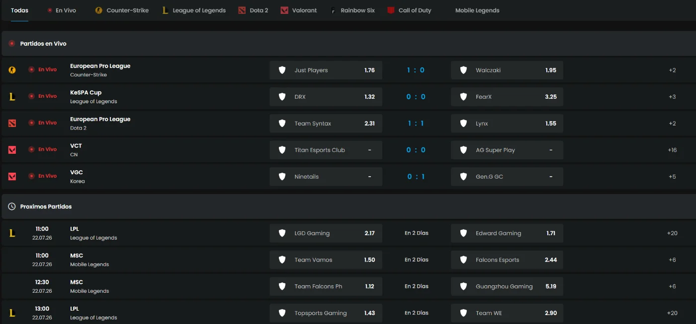 Mystake Casino Apuestas de Esports Mystake Casino con apuestas de esports, partidos en vivo y próximos eventos de Counter-Strike, League of Legends, Dota 2, Valorant y Mobile Legends