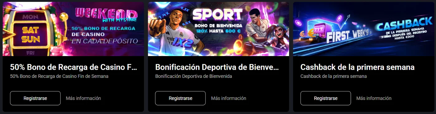 Mystake Casino Bonos de Casino y Deportes Mystake Casino con bono de recarga, bono deportivo y cashback de la primera semana