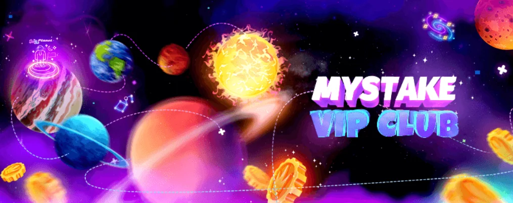 Mystake Casino VIP Club Mystake Casino con programa VIP Club y diseño espacial con planetas y recompensas